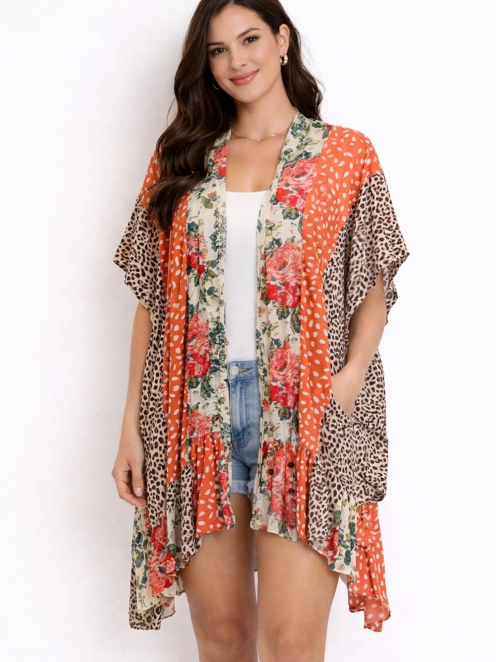 Boho, Lagenlook, Umgee Coral Mixed Floral and Leopard Sheer Kimono